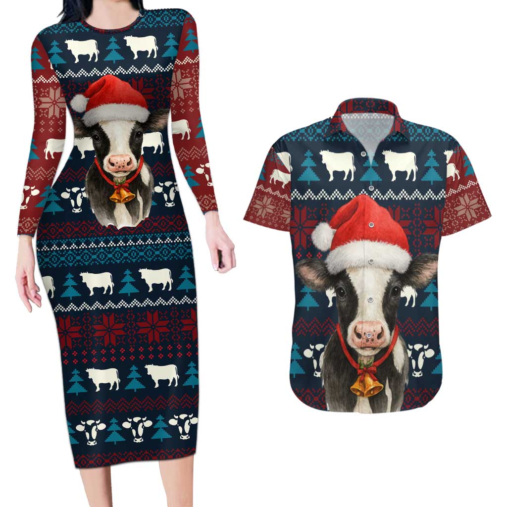 Lovely Cow Christmas Couples Matching Long Sleeve Bodycon Dress and Hawaiian Shirt Xmas Holiday Patterns - Wonder Print Shop