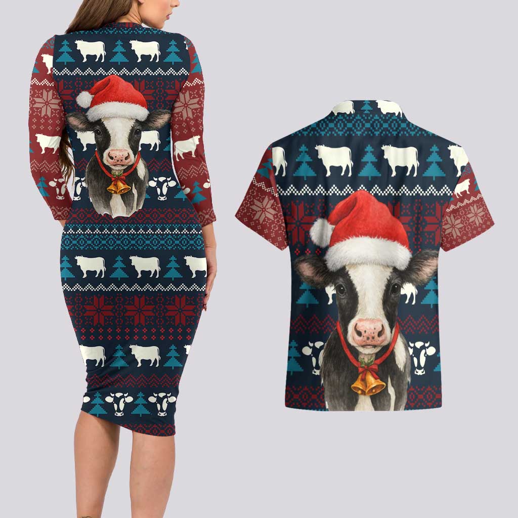 Lovely Cow Christmas Couples Matching Long Sleeve Bodycon Dress and Hawaiian Shirt Xmas Holiday Patterns - Wonder Print Shop
