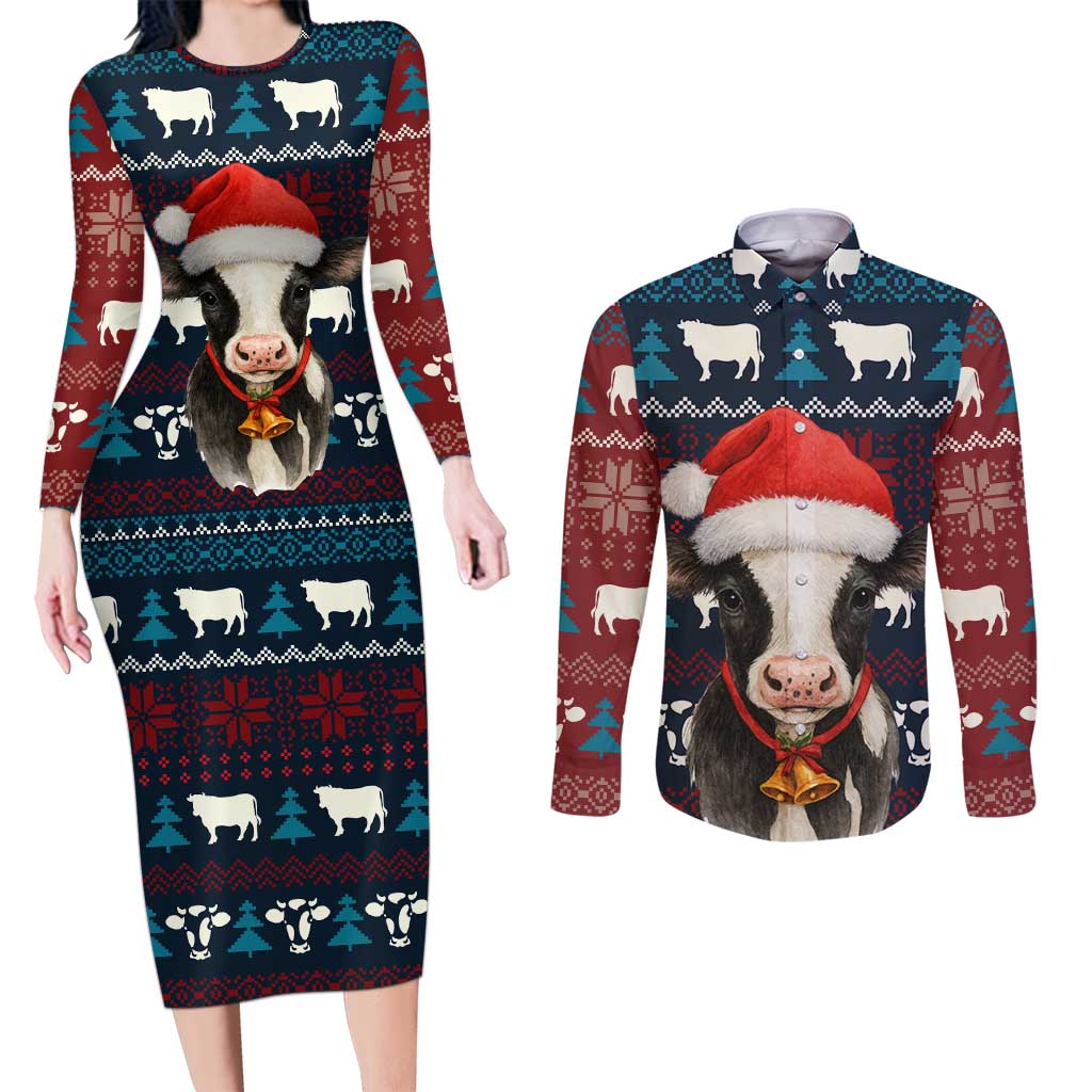 Lovely Cow Christmas Couples Matching Long Sleeve Bodycon Dress and Long Sleeve Button Shirt Xmas Holiday Patterns - Wonder Print Shop