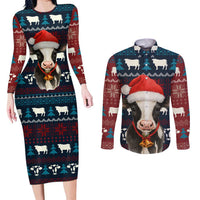 Lovely Cow Christmas Couples Matching Long Sleeve Bodycon Dress and Long Sleeve Button Shirt Xmas Holiday Patterns - Wonder Print Shop
