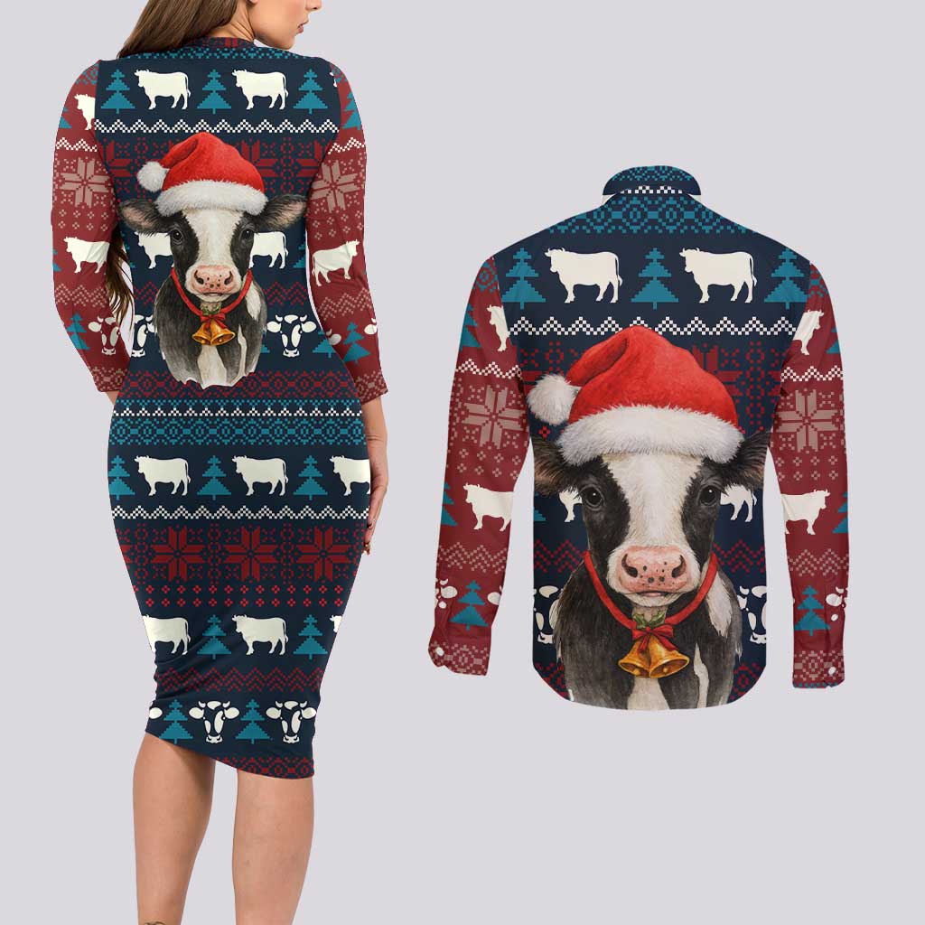 Lovely Cow Christmas Couples Matching Long Sleeve Bodycon Dress and Long Sleeve Button Shirt Xmas Holiday Patterns - Wonder Print Shop