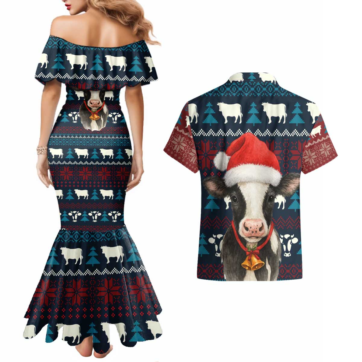 Lovely Cow Christmas Couples Matching Mermaid Dress and Hawaiian Shirt Xmas Holiday Patterns - Wonder Print Shop