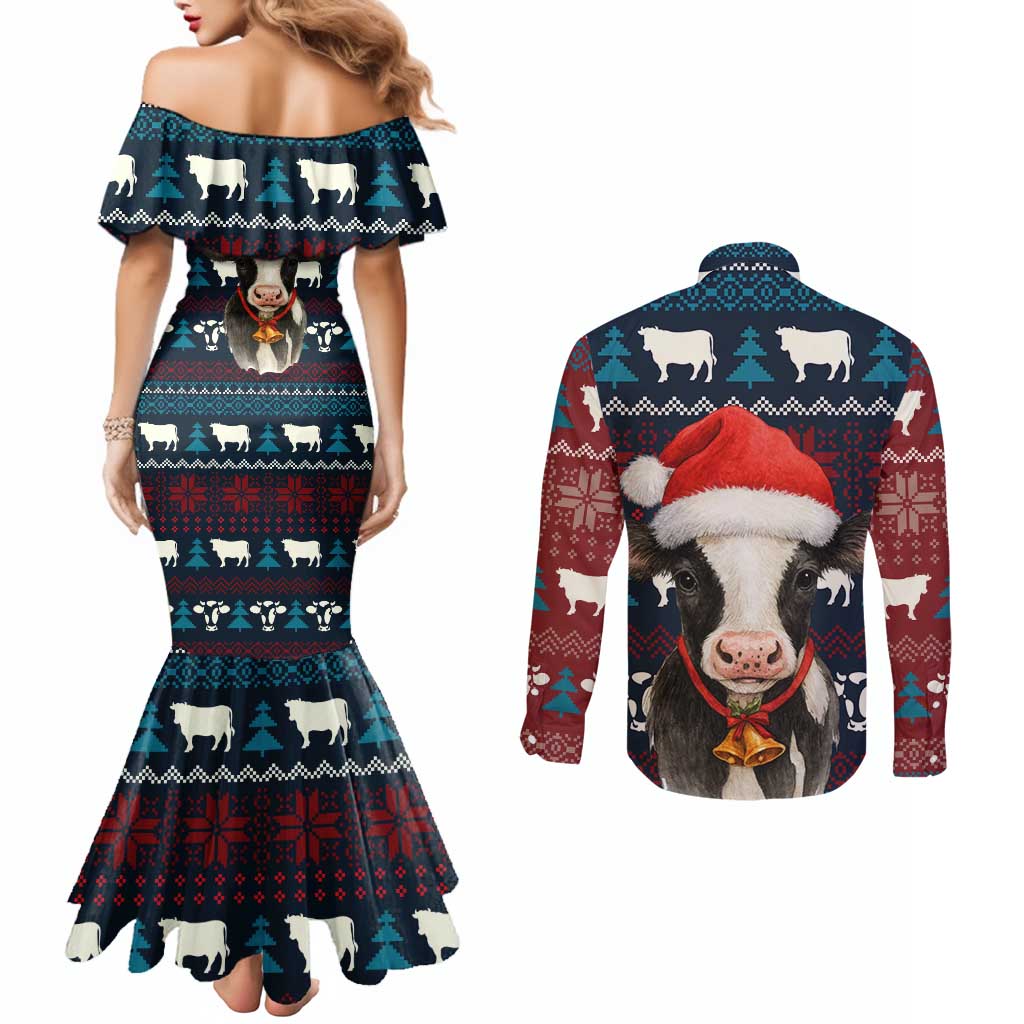 Lovely Cow Christmas Couples Matching Mermaid Dress and Long Sleeve Button Shirt Xmas Holiday Patterns - Wonder Print Shop
