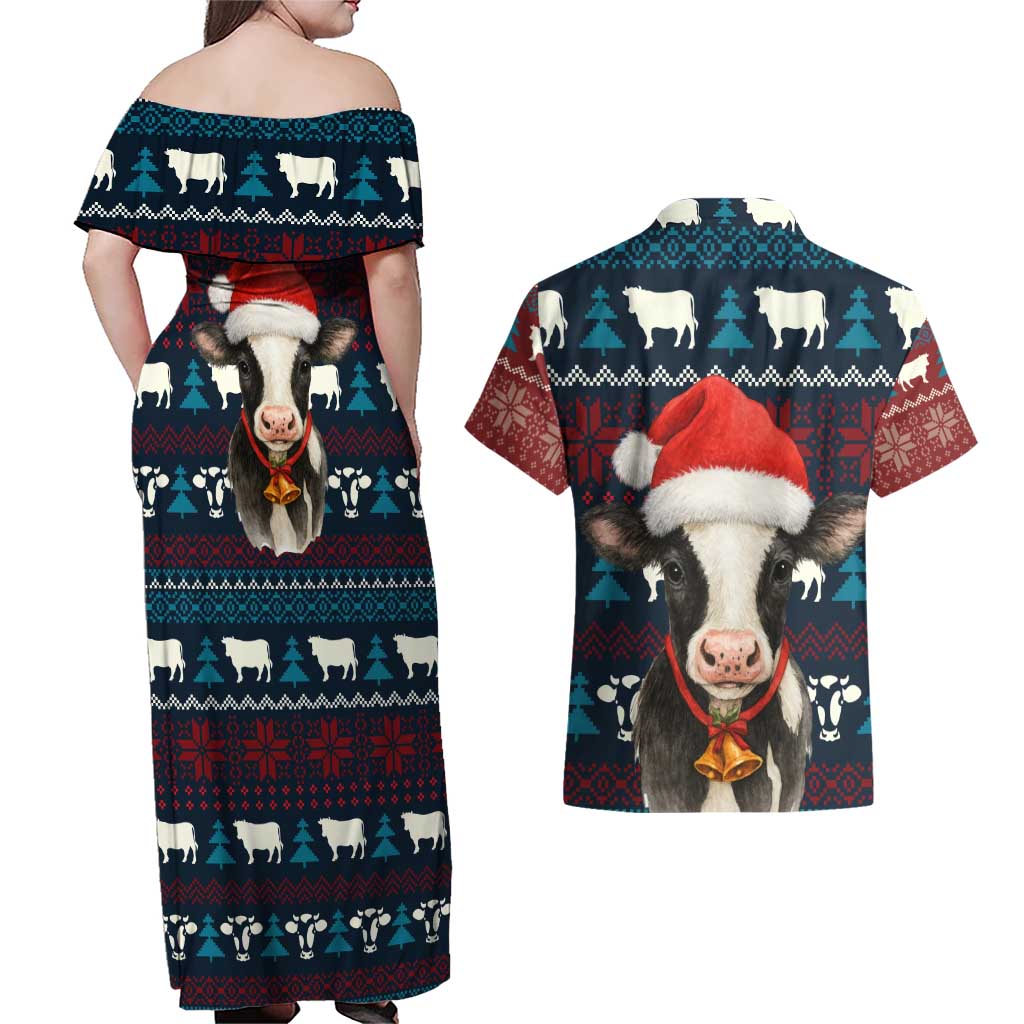 Lovely Cow Christmas Couples Matching Off Shoulder Maxi Dress and Hawaiian Shirt Xmas Holiday Patterns - Wonder Print Shop
