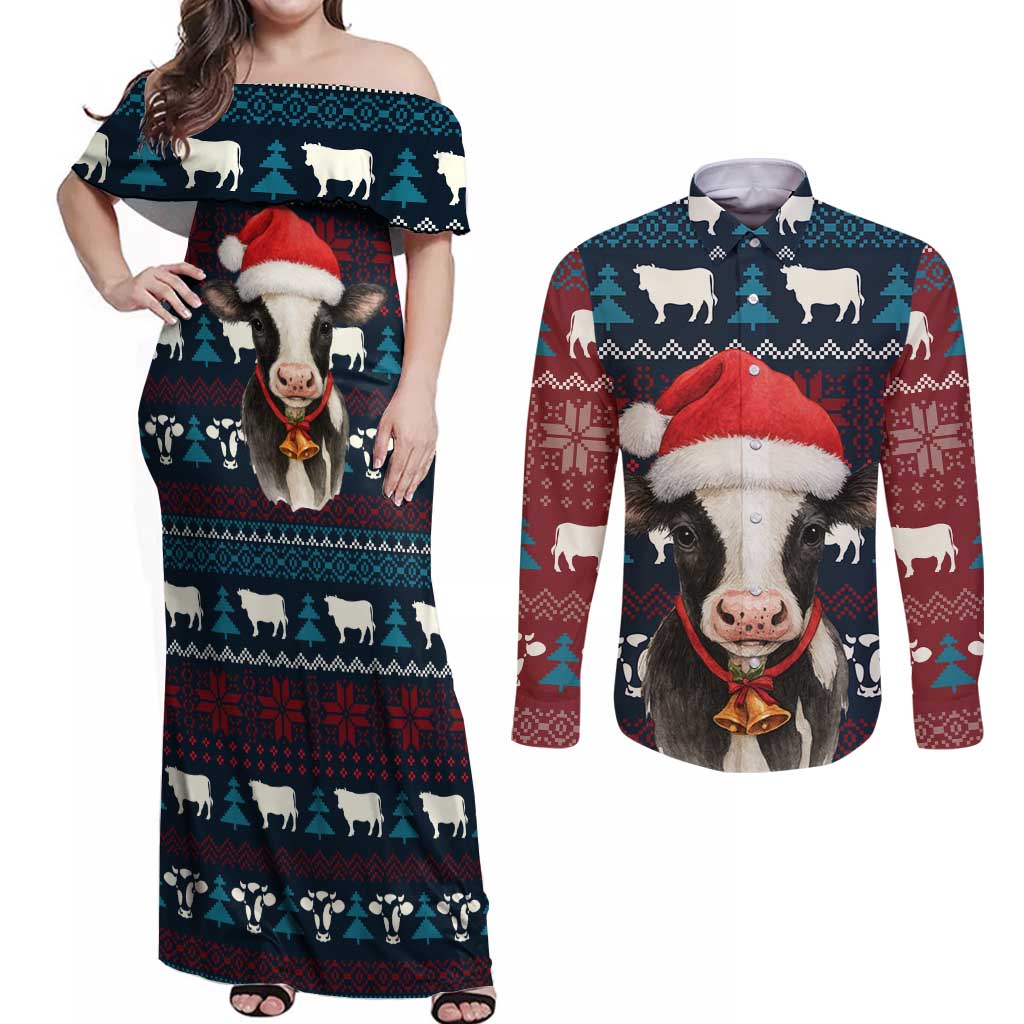Lovely Cow Christmas Couples Matching Off Shoulder Maxi Dress and Long Sleeve Button Shirt Xmas Holiday Patterns - Wonder Print Shop