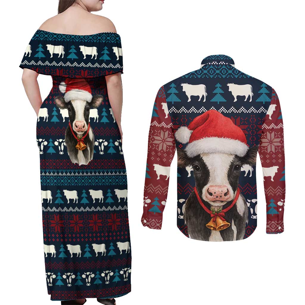 Lovely Cow Christmas Couples Matching Off Shoulder Maxi Dress and Long Sleeve Button Shirt Xmas Holiday Patterns - Wonder Print Shop