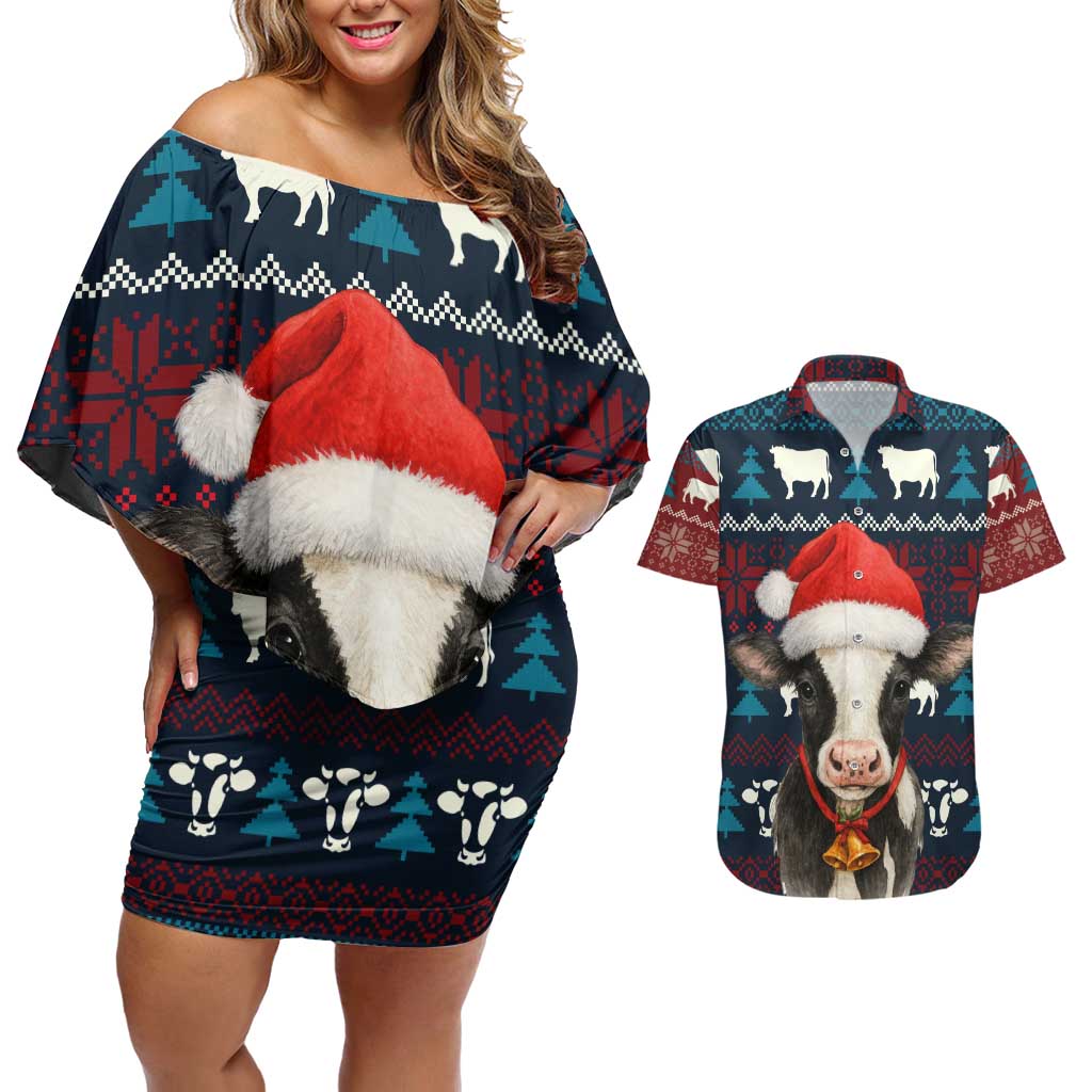 Lovely Cow Christmas Couples Matching Off Shoulder Short Dress and Hawaiian Shirt Xmas Holiday Patterns - Wonder Print Shop