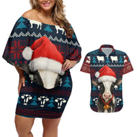 Lovely Cow Christmas Couples Matching Off Shoulder Short Dress and Hawaiian Shirt Xmas Holiday Patterns - Wonder Print Shop