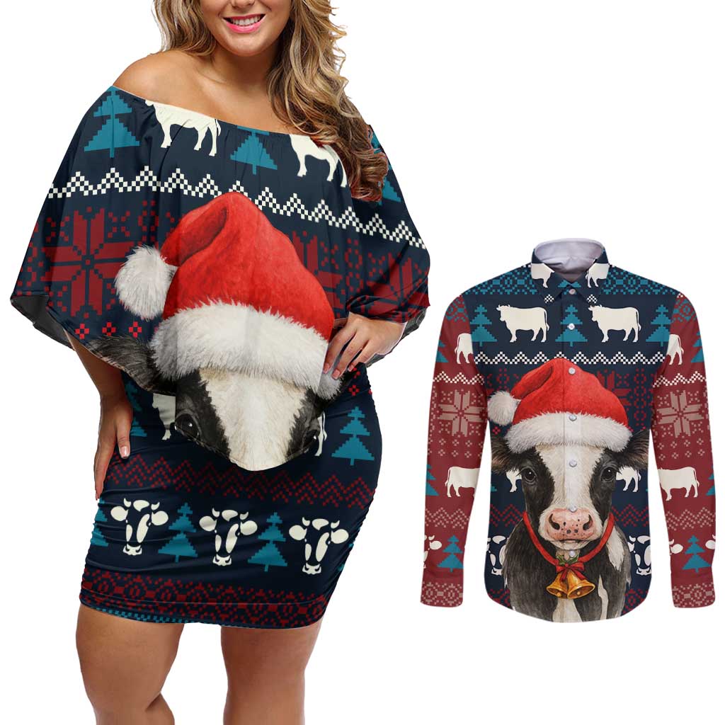 Lovely Cow Christmas Couples Matching Off Shoulder Short Dress and Long Sleeve Button Shirt Xmas Holiday Patterns - Wonder Print Shop
