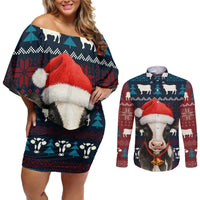 Lovely Cow Christmas Couples Matching Off Shoulder Short Dress and Long Sleeve Button Shirt Xmas Holiday Patterns - Wonder Print Shop