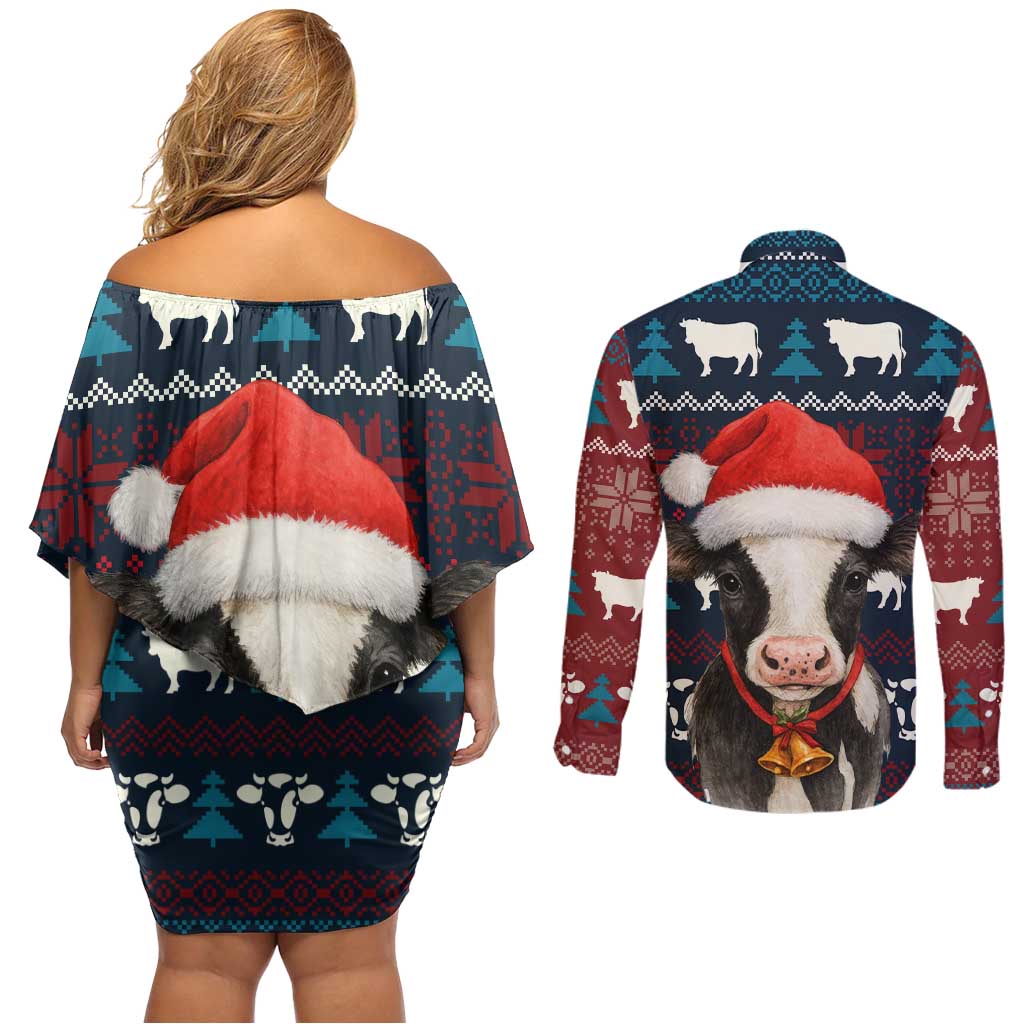 Lovely Cow Christmas Couples Matching Off Shoulder Short Dress and Long Sleeve Button Shirt Xmas Holiday Patterns - Wonder Print Shop