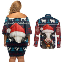 Lovely Cow Christmas Couples Matching Off Shoulder Short Dress and Long Sleeve Button Shirt Xmas Holiday Patterns - Wonder Print Shop