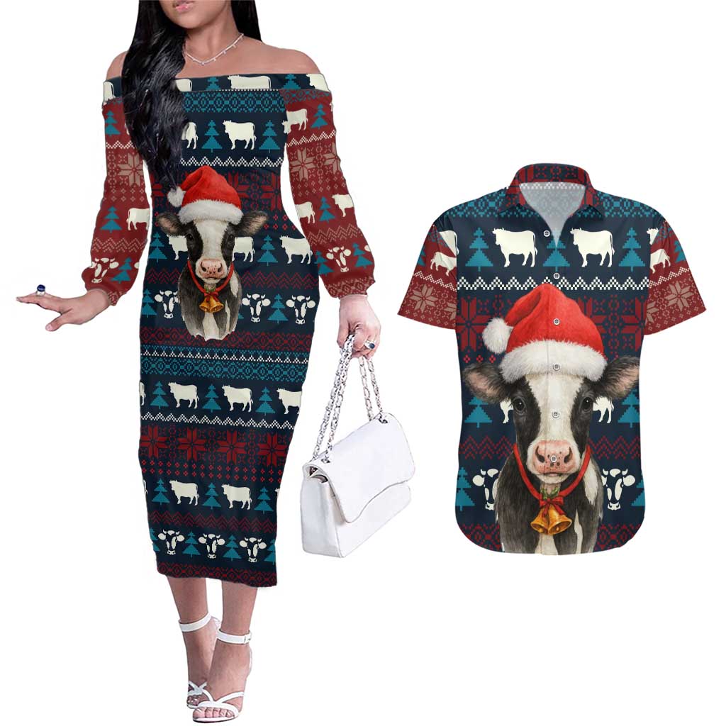Lovely Cow Christmas Couples Matching Off The Shoulder Long Sleeve Dress and Hawaiian Shirt Xmas Holiday Patterns - Wonder Print Shop