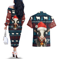 Lovely Cow Christmas Couples Matching Off The Shoulder Long Sleeve Dress and Hawaiian Shirt Xmas Holiday Patterns - Wonder Print Shop