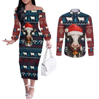 Lovely Cow Christmas Couples Matching Off The Shoulder Long Sleeve Dress and Long Sleeve Button Shirt Xmas Holiday Patterns - Wonder Print Shop
