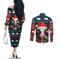 Lovely Cow Christmas Couples Matching Off The Shoulder Long Sleeve Dress and Long Sleeve Button Shirt Xmas Holiday Patterns - Wonder Print Shop
