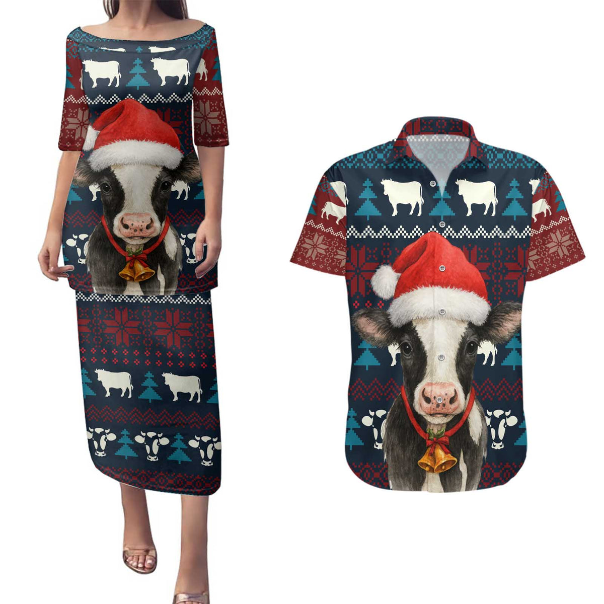 Lovely Cow Christmas Couples Matching Puletasi and Hawaiian Shirt Xmas Holiday Patterns - Wonder Print Shop