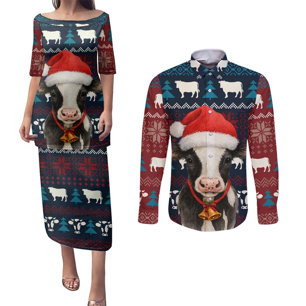 Lovely Cow Christmas Couples Matching Puletasi and Long Sleeve Button Shirt Xmas Holiday Patterns - Wonder Print Shop