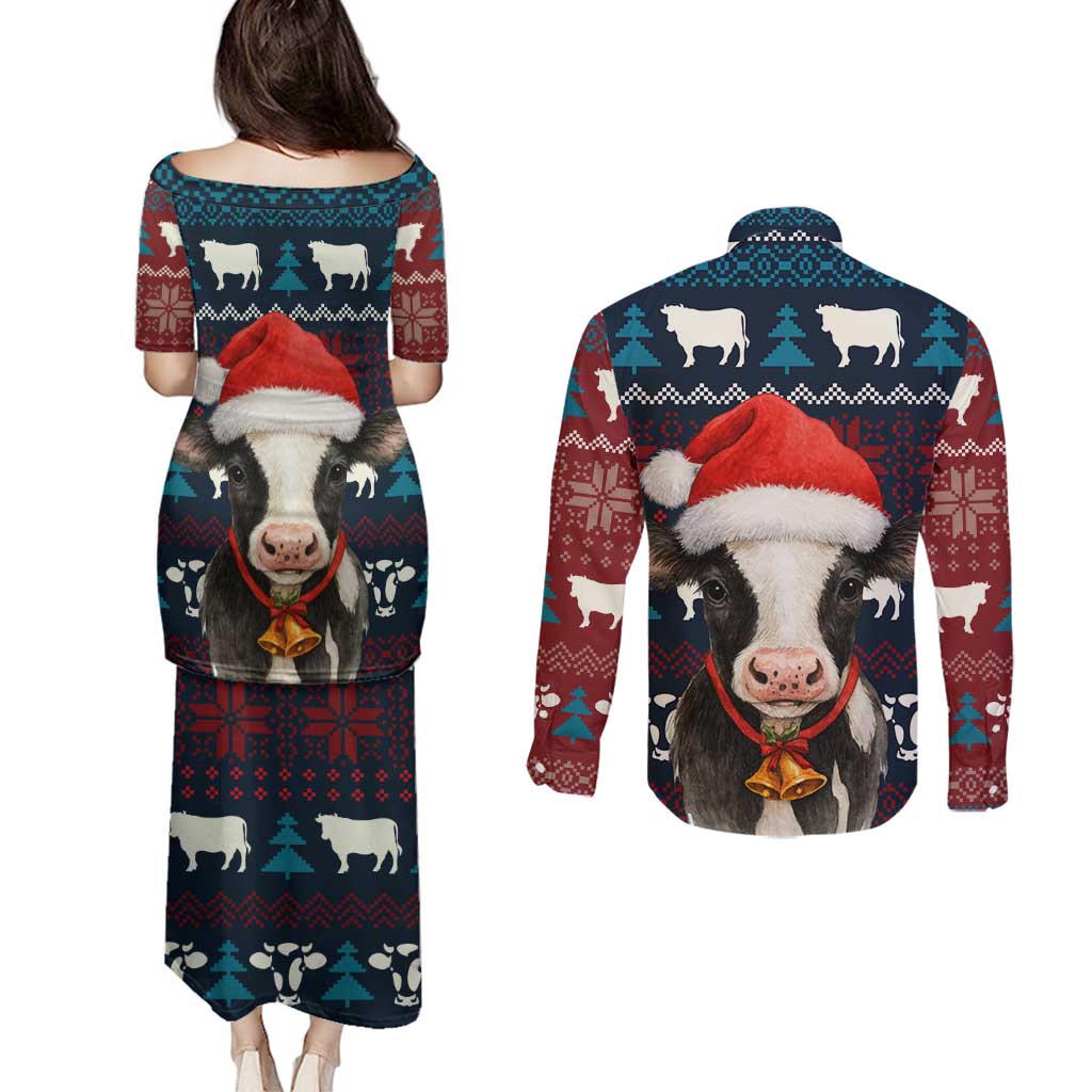 Lovely Cow Christmas Couples Matching Puletasi and Long Sleeve Button Shirt Xmas Holiday Patterns - Wonder Print Shop