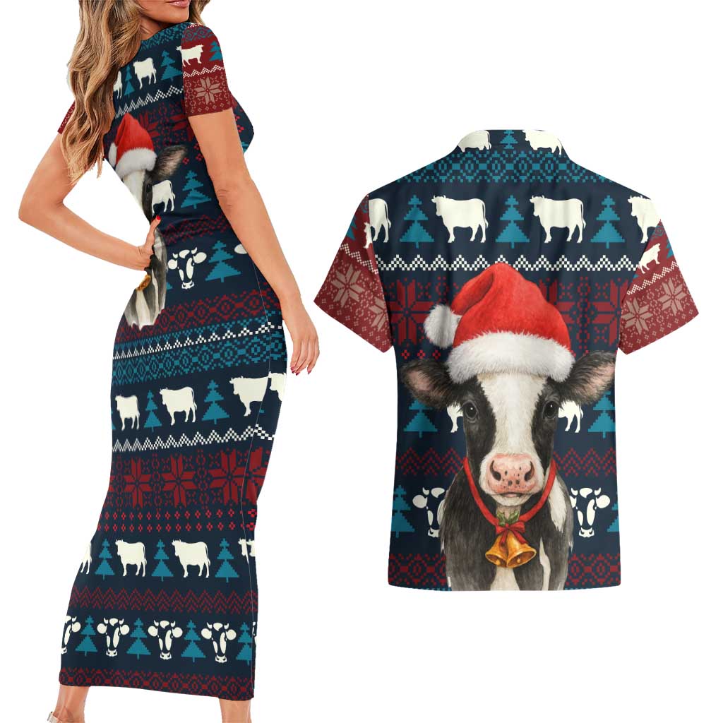 Lovely Cow Christmas Couples Matching Short Sleeve Bodycon Dress and Hawaiian Shirt Xmas Holiday Patterns - Wonder Print Shop