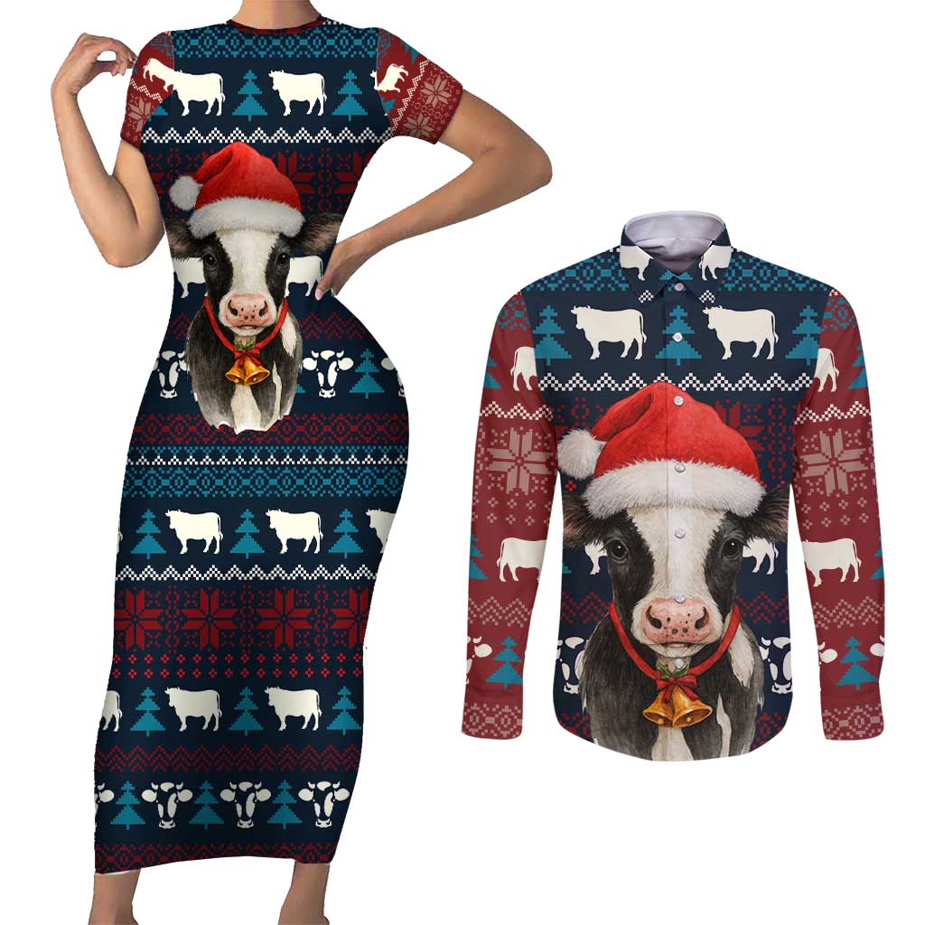 Lovely Cow Christmas Couples Matching Short Sleeve Bodycon Dress and Long Sleeve Button Shirt Xmas Holiday Patterns - Wonder Print Shop