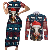 Lovely Cow Christmas Couples Matching Short Sleeve Bodycon Dress and Long Sleeve Button Shirt Xmas Holiday Patterns - Wonder Print Shop