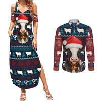 Lovely Cow Christmas Couples Matching Summer Maxi Dress and Long Sleeve Button Shirt Xmas Holiday Patterns - Wonder Print Shop