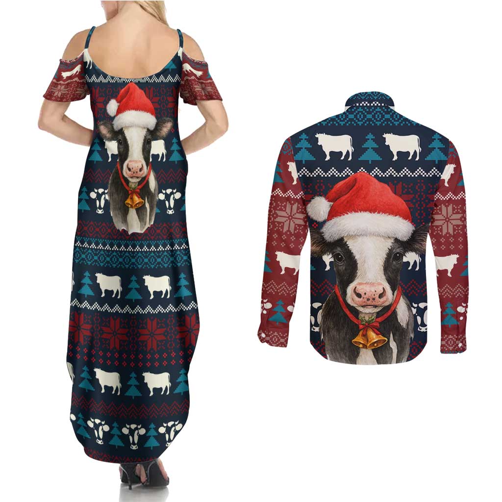 Lovely Cow Christmas Couples Matching Summer Maxi Dress and Long Sleeve Button Shirt Xmas Holiday Patterns - Wonder Print Shop