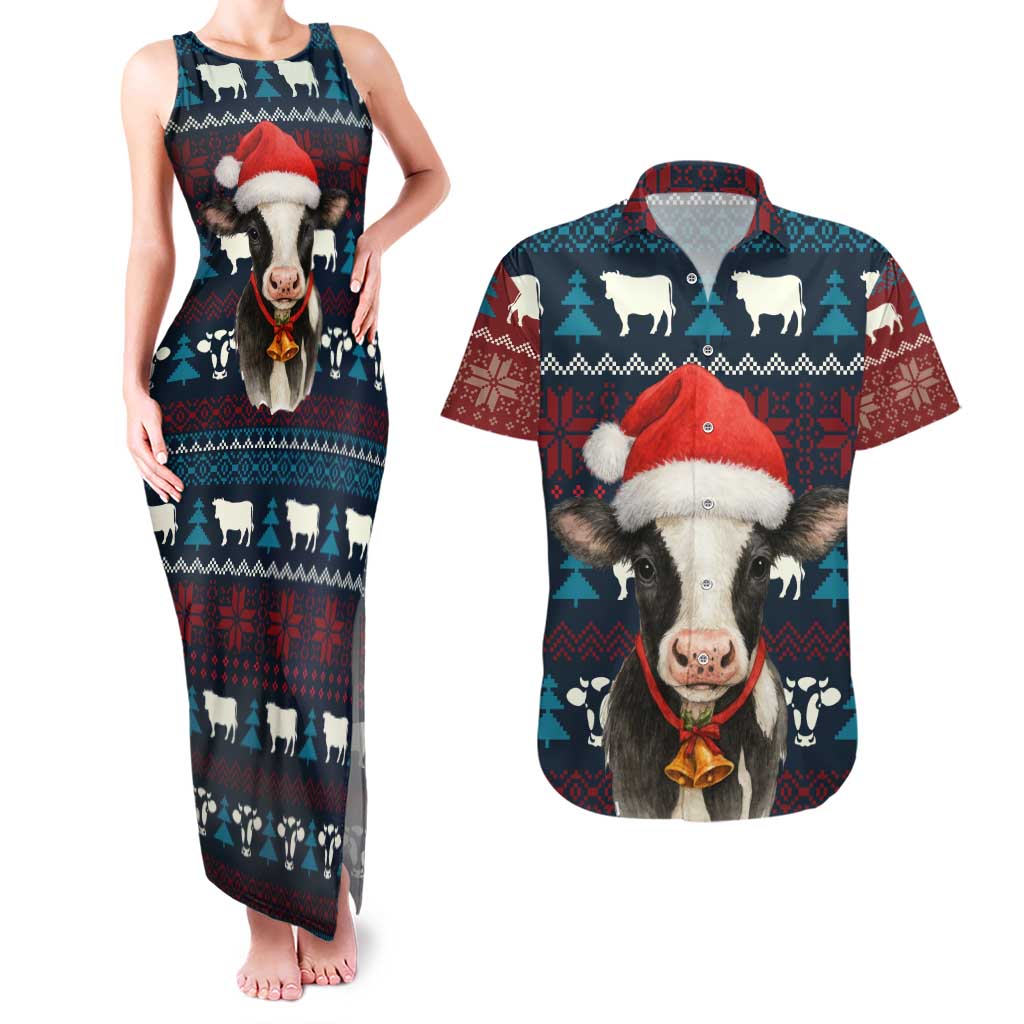 Lovely Cow Christmas Couples Matching Tank Maxi Dress and Hawaiian Shirt Xmas Holiday Patterns - Wonder Print Shop