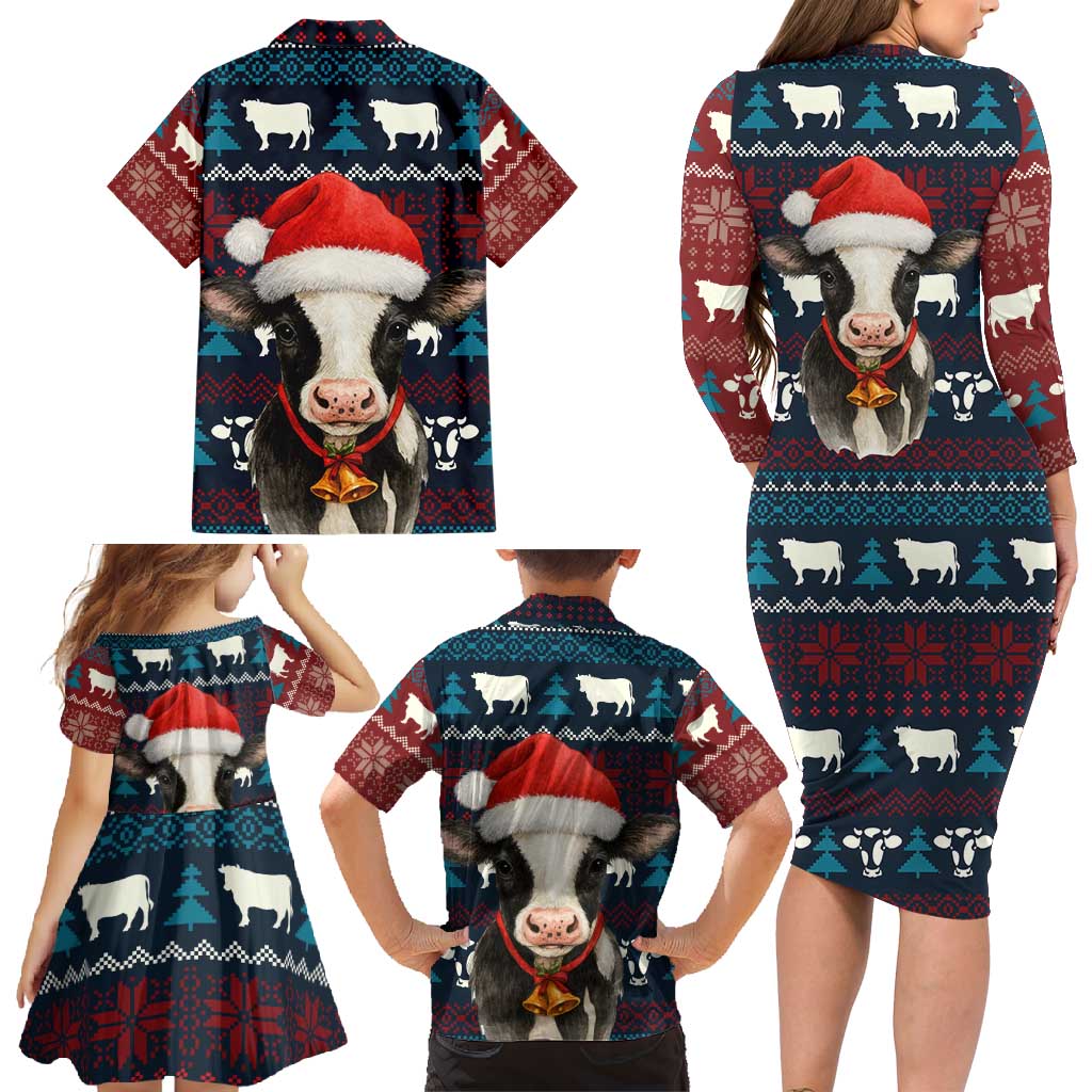 Lovely Cow Christmas Family Matching Long Sleeve Bodycon Dress and Hawaiian Shirt Xmas Holiday Patterns - Wonder Print Shop