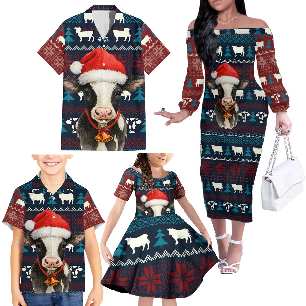 Lovely Cow Christmas Family Matching Off The Shoulder Long Sleeve Dress and Hawaiian Shirt Xmas Holiday Patterns - Wonder Print Shop