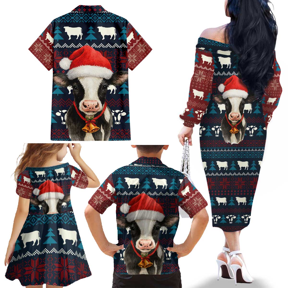 Lovely Cow Christmas Family Matching Off The Shoulder Long Sleeve Dress and Hawaiian Shirt Xmas Holiday Patterns - Wonder Print Shop