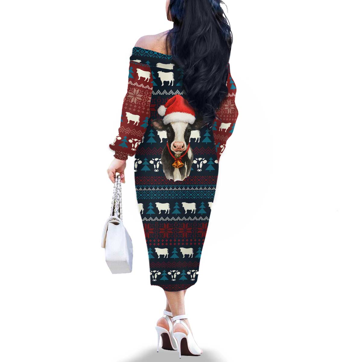 Lovely Cow Christmas Family Matching Off The Shoulder Long Sleeve Dress and Hawaiian Shirt Xmas Holiday Patterns - Wonder Print Shop
