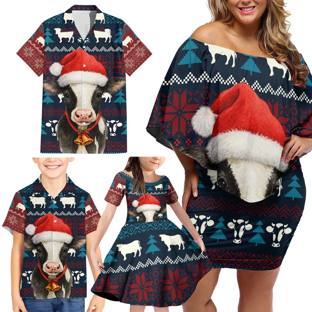 Lovely Cow Christmas Family Matching Off Shoulder Short Dress and Hawaiian Shirt Xmas Holiday Patterns - Wonder Print Shop