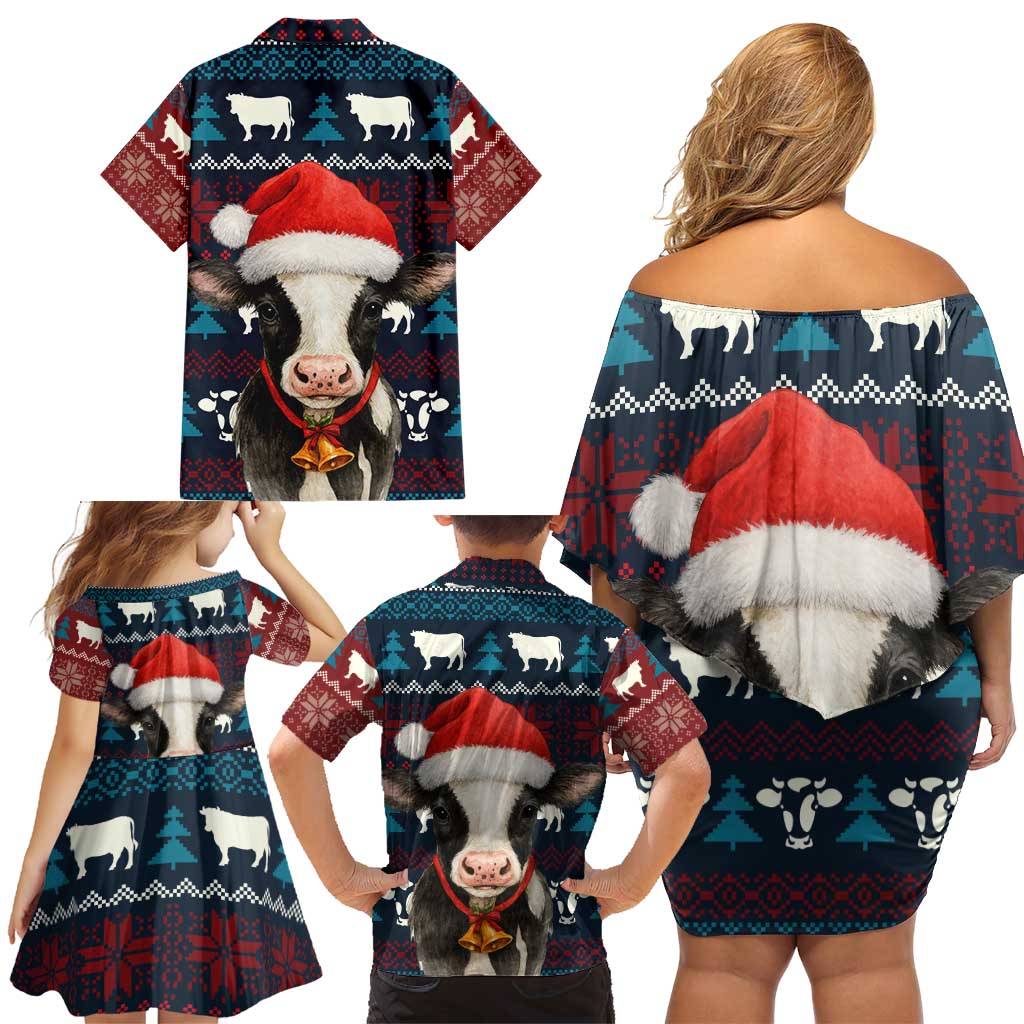 Lovely Cow Christmas Family Matching Off Shoulder Short Dress and Hawaiian Shirt Xmas Holiday Patterns - Wonder Print Shop
