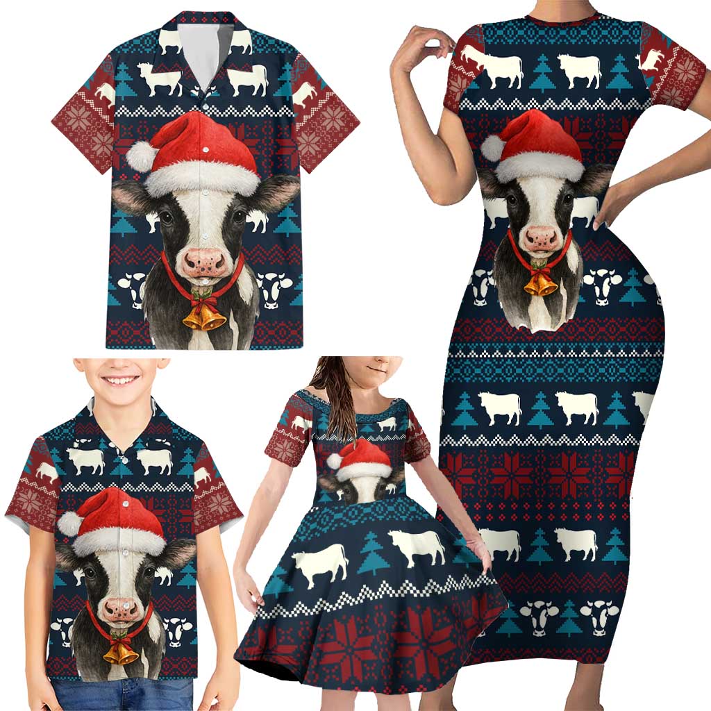 Lovely Cow Christmas Family Matching Short Sleeve Bodycon Dress and Hawaiian Shirt Xmas Holiday Patterns - Wonder Print Shop