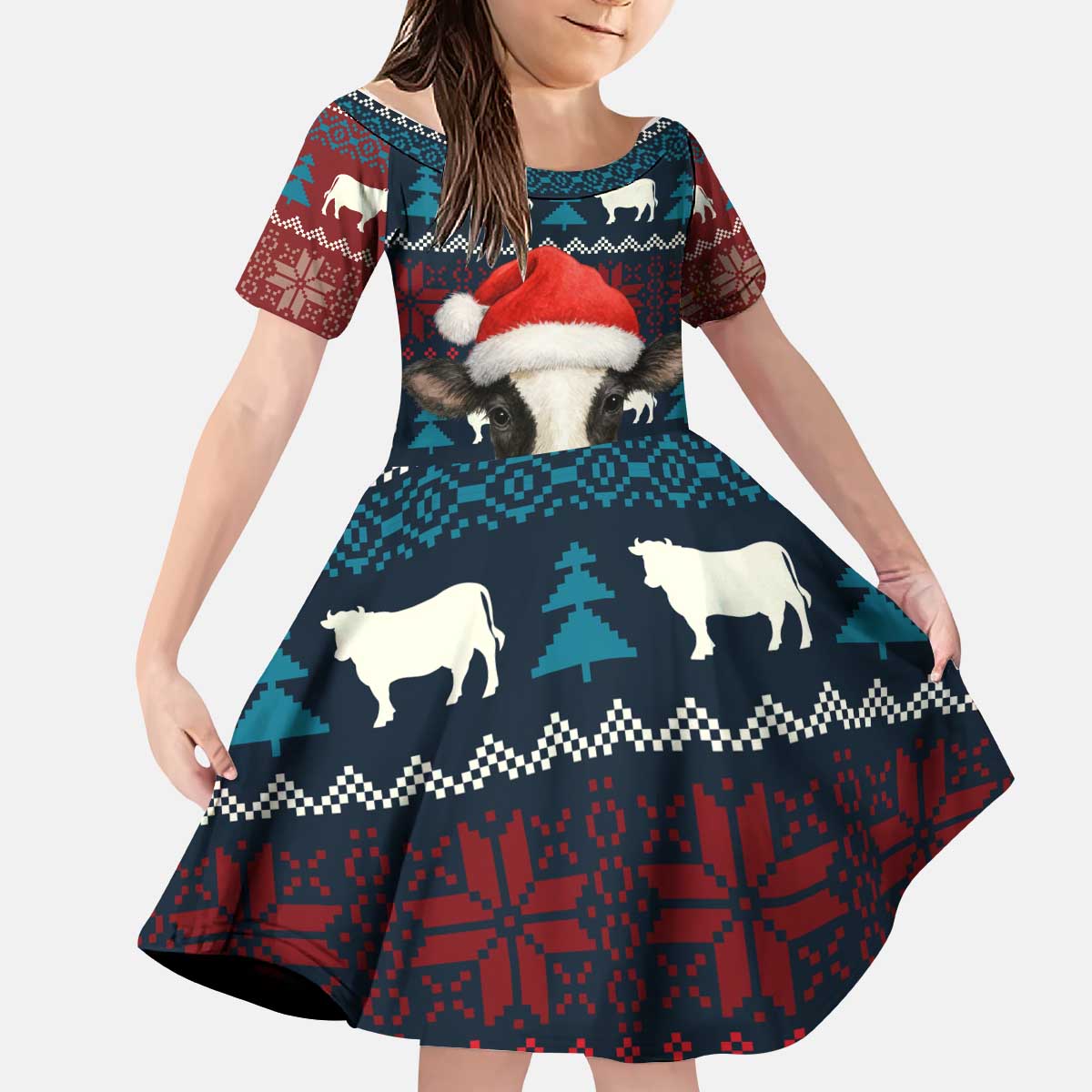Lovely Cow Christmas Kid Short Sleeve Dress Xmas Holiday Patterns - Wonder Print Shop