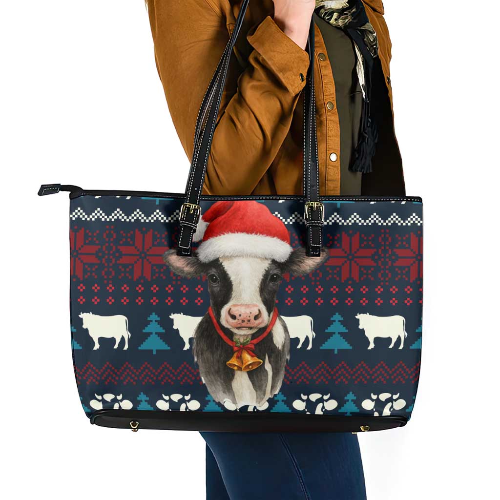 Lovely Cow Christmas Leather Tote Bag Xmas Holiday Patterns - Wonder Print Shop