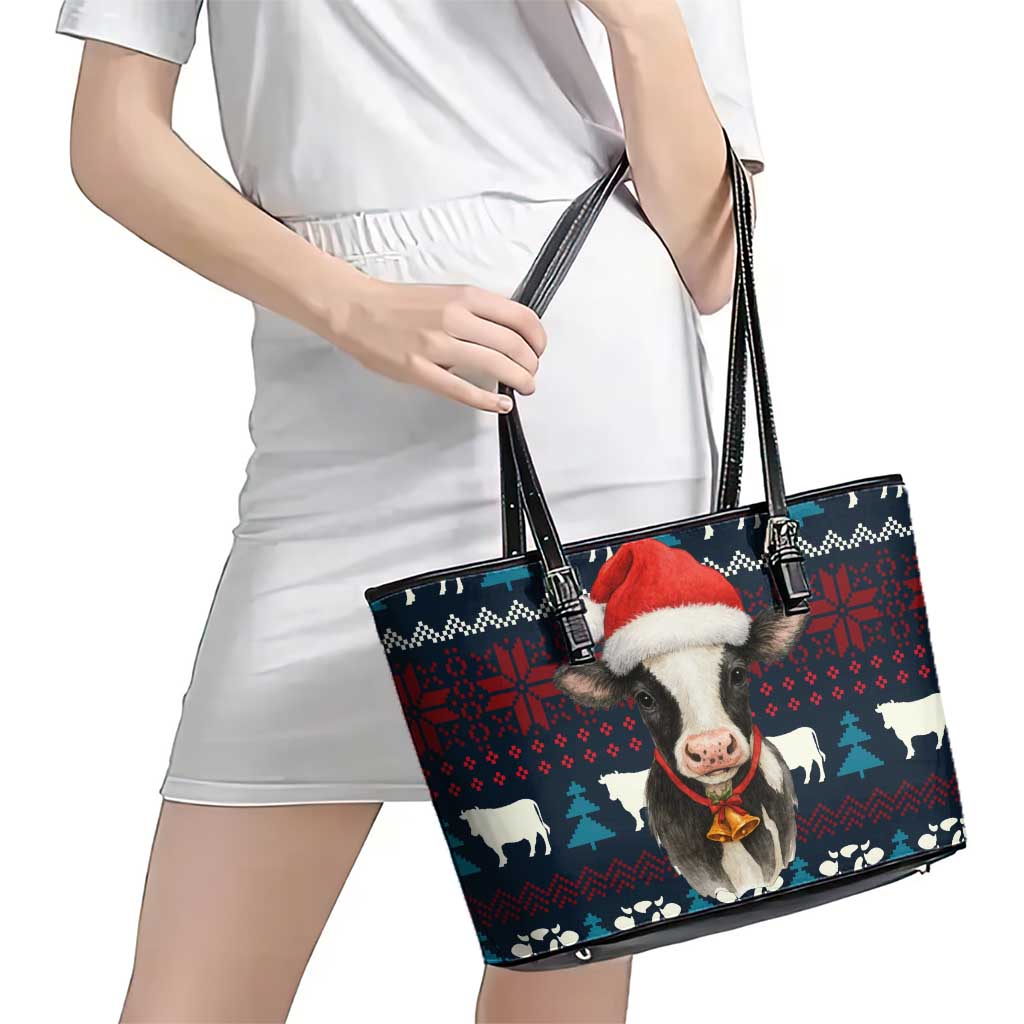 Lovely Cow Christmas Leather Tote Bag Xmas Holiday Patterns - Wonder Print Shop