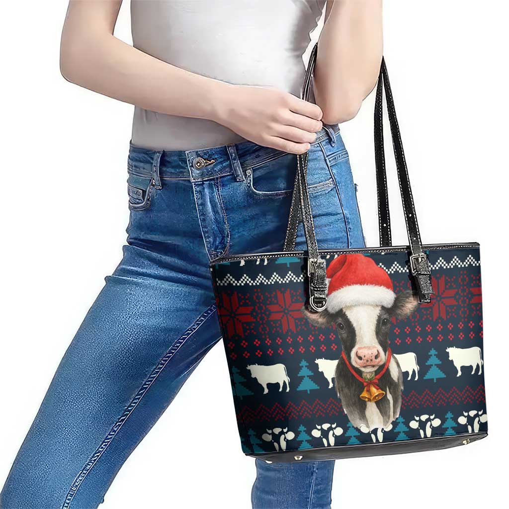 Lovely Cow Christmas Leather Tote Bag Xmas Holiday Patterns - Wonder Print Shop