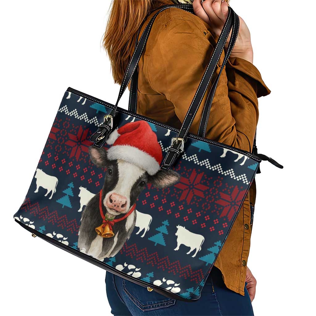 Lovely Cow Christmas Leather Tote Bag Xmas Holiday Patterns - Wonder Print Shop