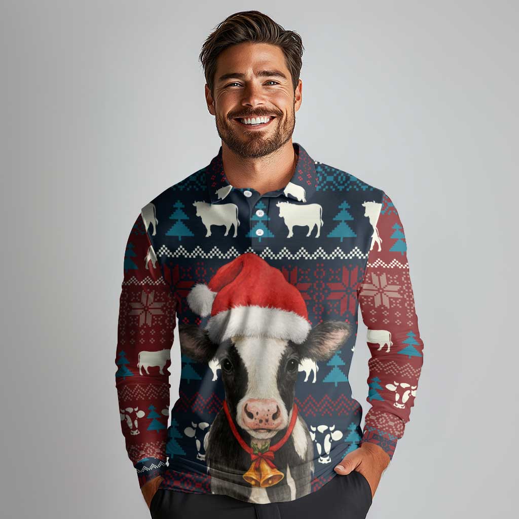 Lovely Cow Christmas Long Sleeve Polo Shirt Xmas Holiday Patterns - Wonder Print Shop