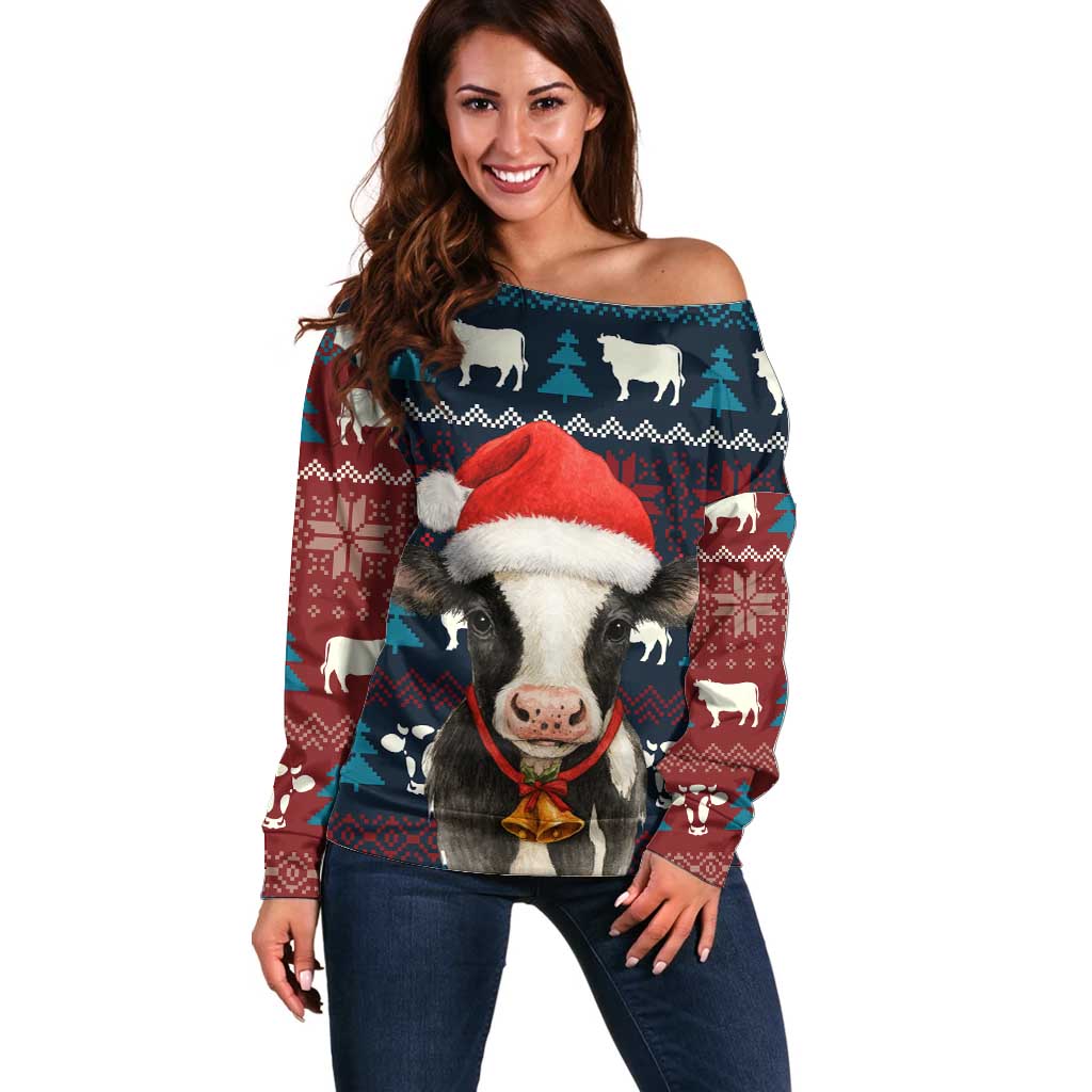 Lovely Cow Christmas Off Shoulder Sweater Xmas Holiday Patterns - Wonder Print Shop