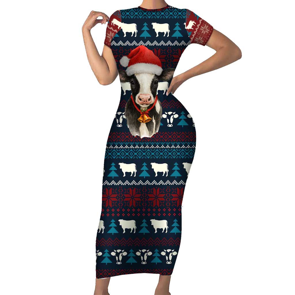 Lovely Cow Christmas Short Sleeve Bodycon Dress Xmas Holiday Patterns - Wonder Print Shop