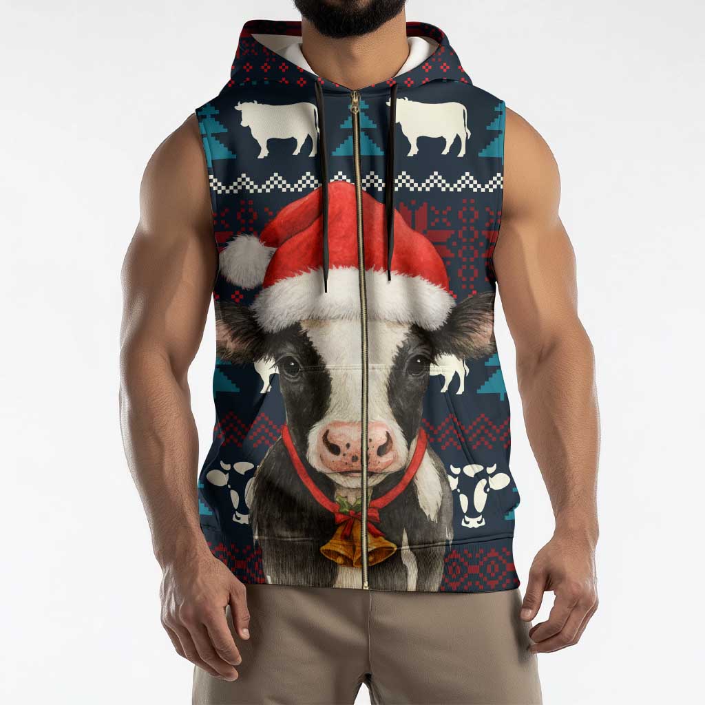 Lovely Cow Christmas Sleeveless Zip Hoodie Xmas Holiday Patterns - Wonder Print Shop
