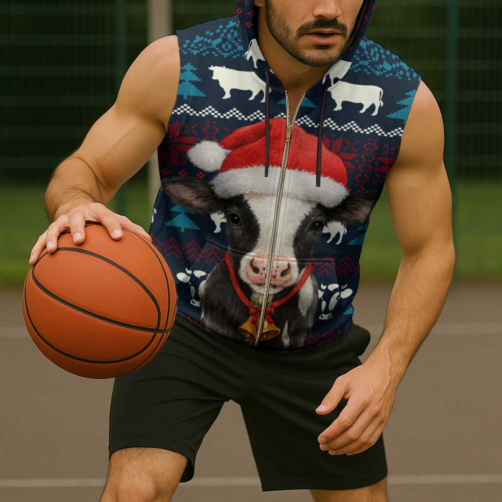Lovely Cow Christmas Sleeveless Zip Hoodie Xmas Holiday Patterns - Wonder Print Shop