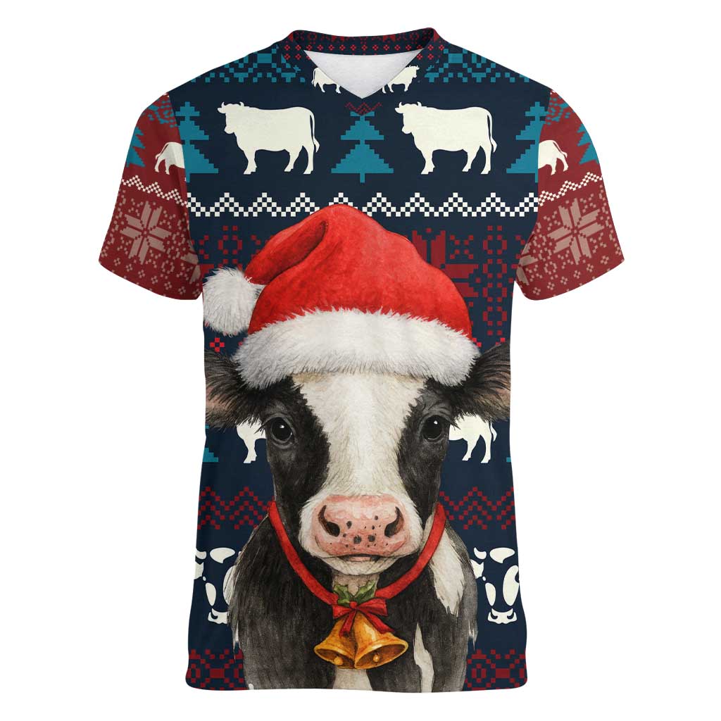 Lovely Cow Christmas Women V-Neck T-Shirt Xmas Holiday Patterns - Wonder Print Shop
