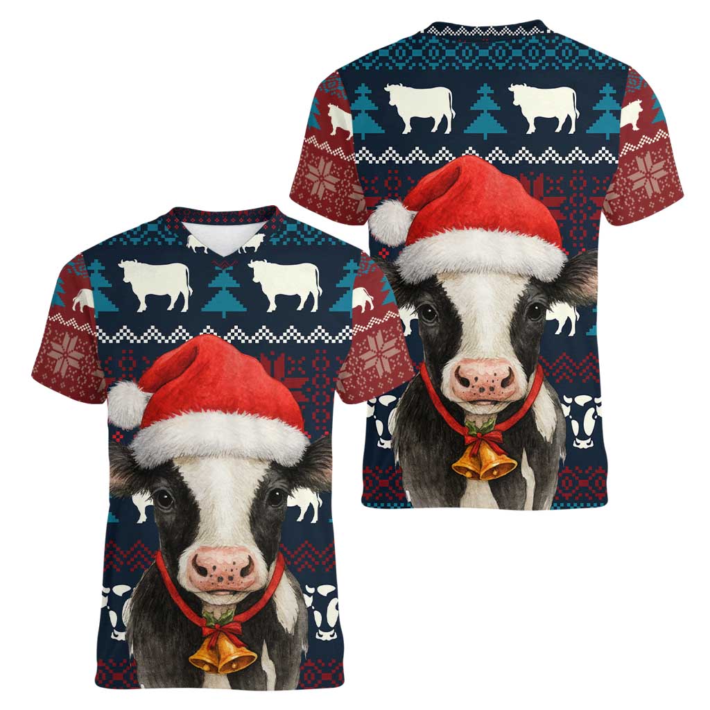 Lovely Cow Christmas Women V-Neck T-Shirt Xmas Holiday Patterns - Wonder Print Shop
