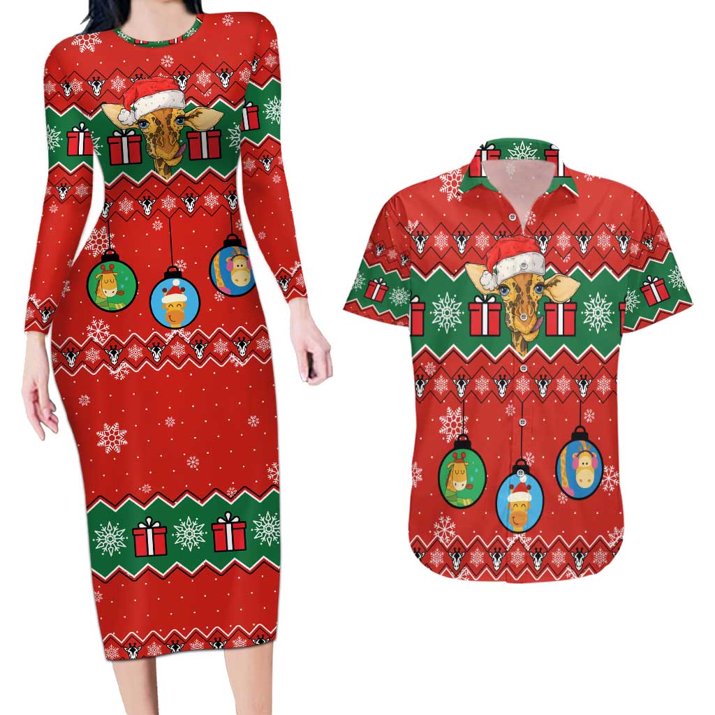 Lovely Giraffe Christmas Couples Matching Long Sleeve Bodycon Dress and Hawaiian Shirt Xmas Holiday Patterns - Wonder Print Shop