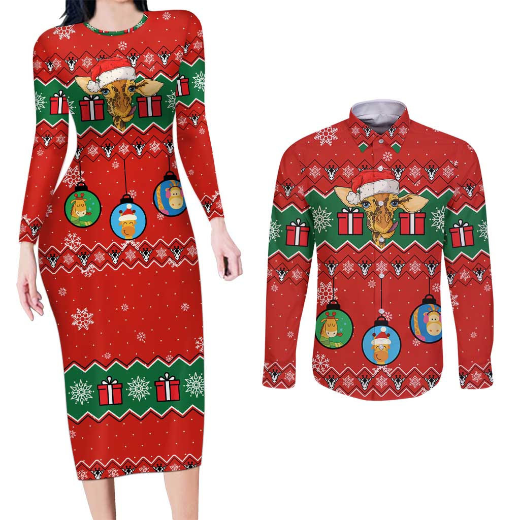 Lovely Giraffe Christmas Couples Matching Long Sleeve Bodycon Dress and Long Sleeve Button Shirt Xmas Holiday Patterns - Wonder Print Shop